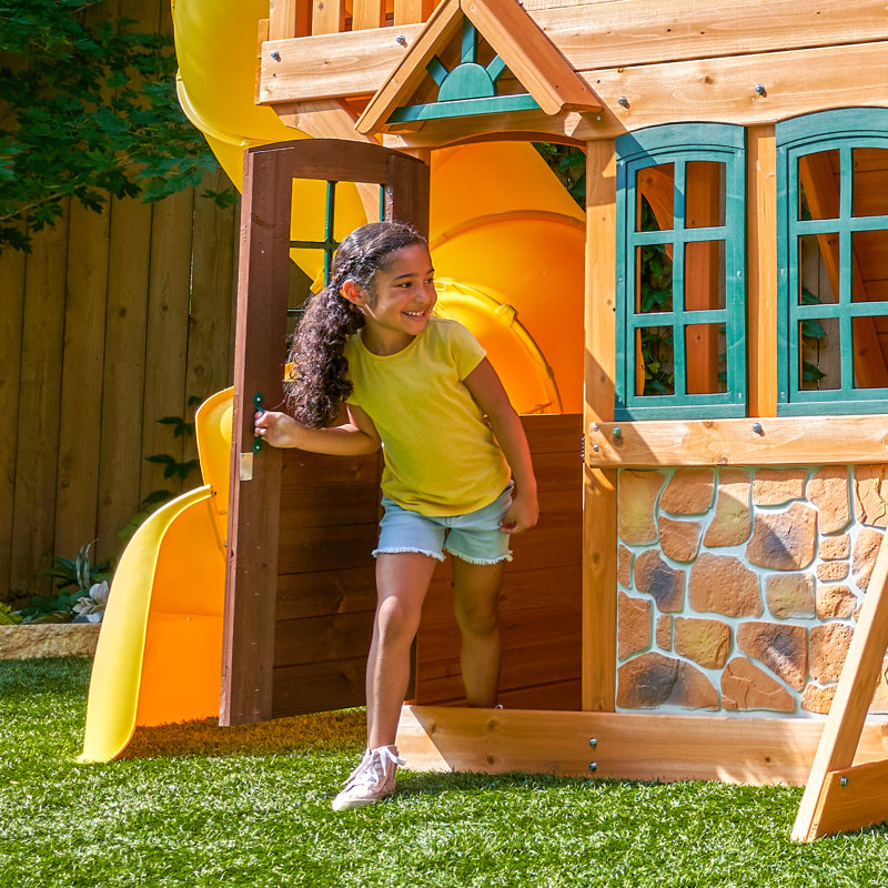 KidKraft Boulder Station Wooden Swing Set / Playset with Tube Slide